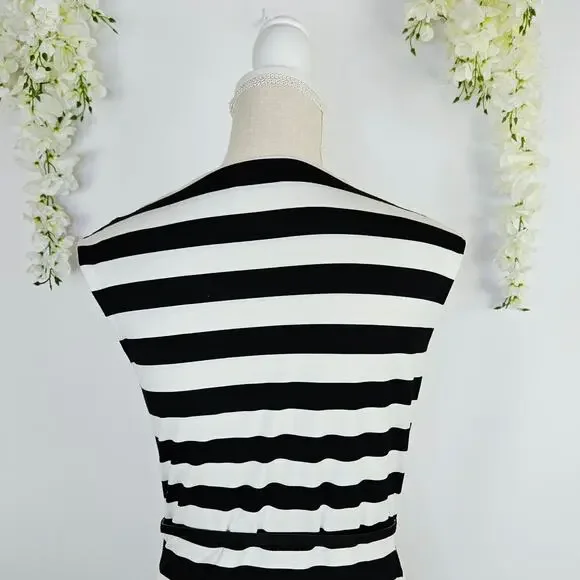 New Calvin Klein Size 6 Black White Striped Dress Belted Classic Chic Career - Picture 6 of 16